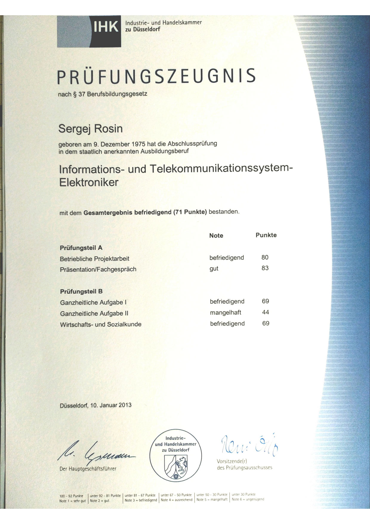 Prüfungszeugnis Elektriker