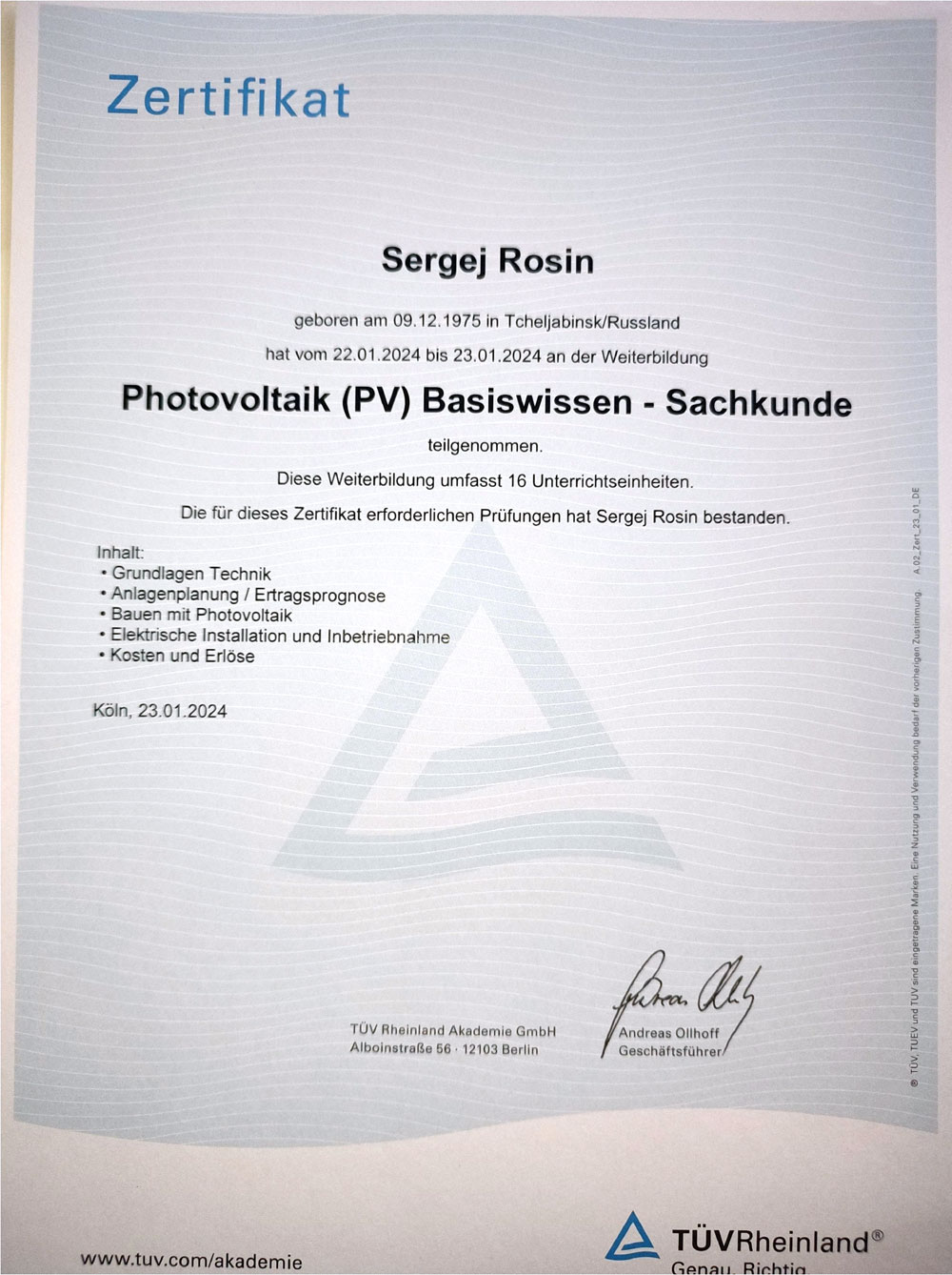 Zertifikat Photovoltaik